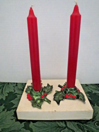2 Vintage Cast Iron Metal Holly Leaf Berry Christmas Taper Candle Holders