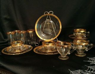 Gorgeous Vintage Glass Luncheon Tea Set Sandwich Plates Glasses Cups Cream Sugar