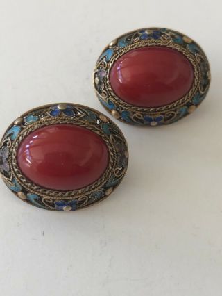 Vintage Chinese Enameled Gilt Sterling Silver Red Cabochon Clip On Earrings