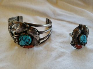 Vintage Native American Turquoise And Coral Bracelet And Ring