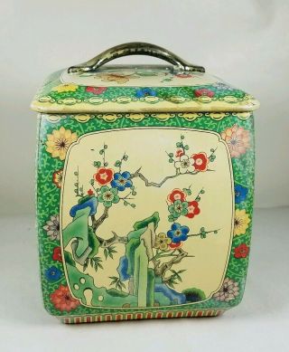 Vintage Decorative Floral Metal Tin W/ Lid Made In England Green W/ Flowers