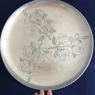 Mid Century Vtg Hammered Aluminum Roses Serving Dish Platter Farberware Chic