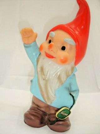 Vintage Heissner Germany,  Waving Gnome,  Plastic Rubber,  928 With Tag,  7 3/4 In