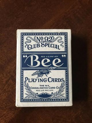 Vintage Bee Playing Cards Blue No 92 W/ Tax Stamp & Cambric Finish