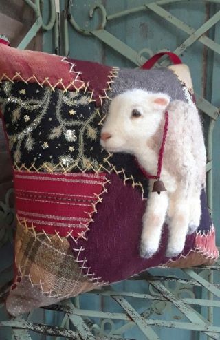 Lamb/sheep On Antique Crazy Quilt Cupboard Pillow Ooak Fabric Art By Renate 
