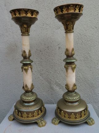 2 Bronze Alabaster Candle Holder Brass Candlestick Gothic Old Antique Candelabra