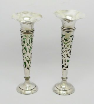 2 Rare Solid Silver Posy Vases Hm 1910 Green Glass Inserts Art Nouveau