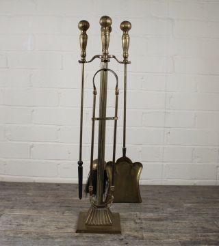 Antique 19th Century Solid Brass Corinthian Column Design Fire Companion Set.