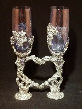 Grape Vine Pewter Champagne Flute Glasses Goblets Crystal Set Fellowship Foundry