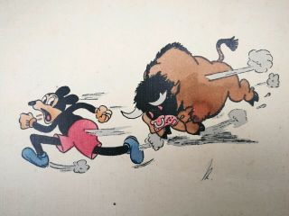 Vintage 1940s Mickey Mouse With Buffalo Ink And Watercolor Drawing Disney
