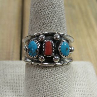 Vintage Sterling Silver Turquoise & Coral Band Ring Size 10