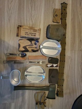 Wwii Us Mess Kit Complete Wirh Utensils,  Belt,  Axe,  And Other Items