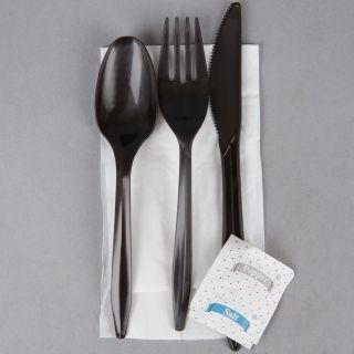 Medium Weight Black Wrapped Plastic Cutlery Set With Napkin Salt And Pepper 250c
