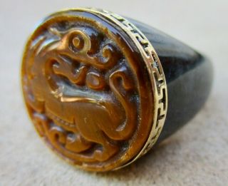 Mens Vintage Chinese Dragon Ring Onyx 14k Gold And Tiger Eye Size 10