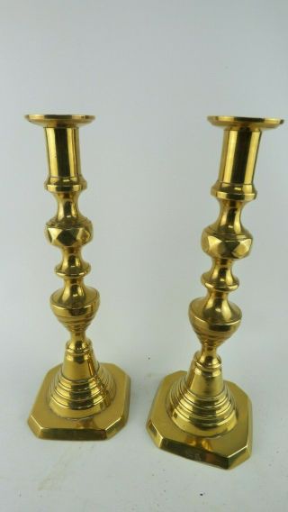 Vintage Solid English Brass Candlesticks - Height 27cm Base 9.  5cm