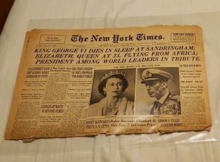 York Times February 7,  1952 Elizabeth Ii Queen Historic Newspaper Headline