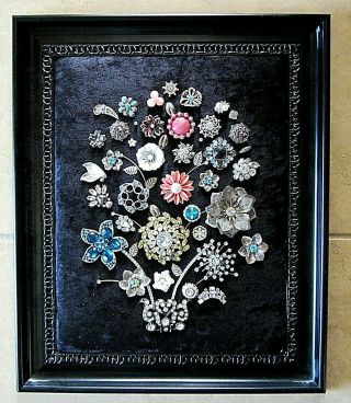 Framed Vintage Jewelry Art On Velvet Picture Of A Flower Arrangement