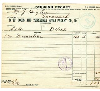 Riverboat " Paducah ",  St.  Louis & Tennessee River.  10 March,  1919 Bill Of Lading