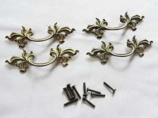Set (4) Vintage Brass French Provincial Dresser Drawer Pulls 6” Decorative Leafy