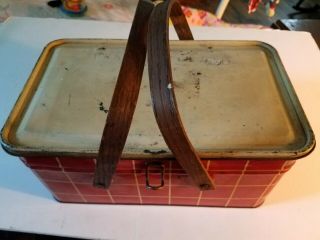Vintage Red Golden Cookies Watertown Mass Checkered Picnic Basket Tin Bread Box
