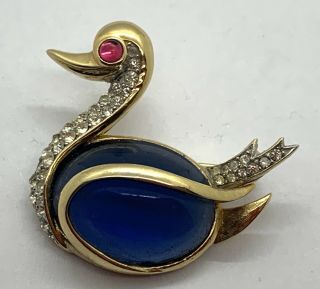 Vintage Signed Trifari Blue Glass Jelly Belly Swan Brooch Pin