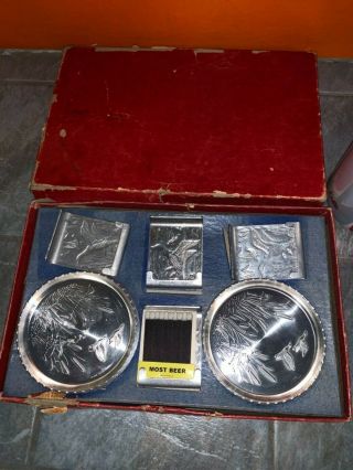 Vintage Aluminum Ducks / Geese Coaster Set With 4 Matchbook Holders