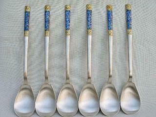 Fine Quality Set Of 6 Sterling Silver Gold & Enamel Decorated Korean Tea Spoons.