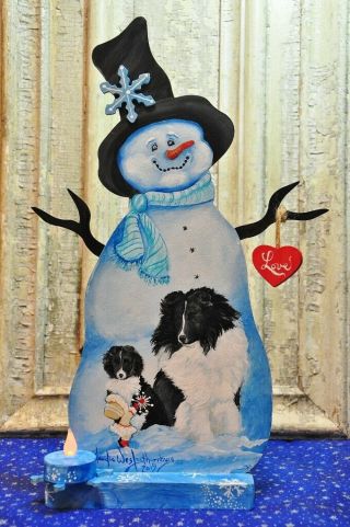 Sheltie Snowman Cutout Hand Painted Wood Snow Fairy Candle Snowflake Ooak