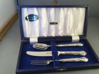 Cased Set Of Silver Knife,  Fork,  & Spoon Christening Set,  Sheffield C1986