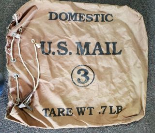 Vintage U.  S.  Brown Canvas Mail Bag Domestic 3 Tare Wt 7 Lbs Drawstring & Clasp