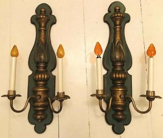 Vintage Art Nouveau Deco Painted Wood Electric Candle Wall Sconce 25” Set Of 2