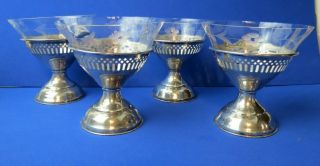 4 Antique Sterling Silver Sherbet Bowls Etched Crystal Glass Liners