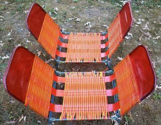 Vtg Folding Lawn Lounge Chair Pool Vinyl Tube Plastic Aluminum Yellowish/Red 2