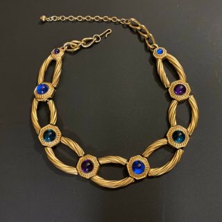 Vintage Trifari Tm Gold Tone Blue Purple Green Cabochon Link Necklace