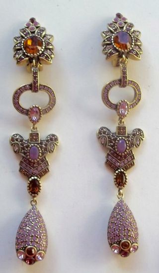 Heidi Daus Vintage Earrings Purple & Amber Rhinestones Chandelier Drops