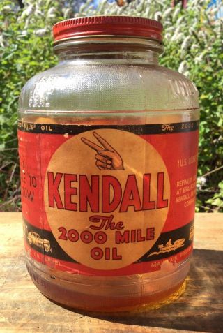 Vintage Kendall 2000 Mile Motor Oil 1 Qt Glass Jar Can Gas Service Station