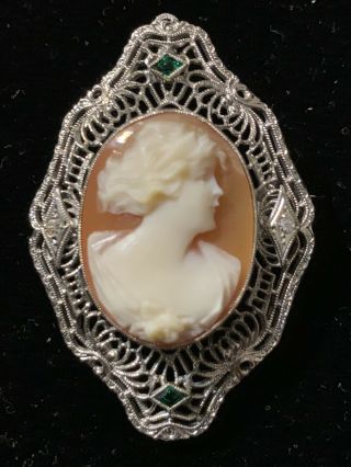 14k White Gold Diamond Emerald Filgree Cameo Pin Art Deco 5.  5 Grams