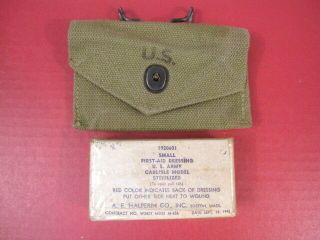 Wwii Us Army M1942 First Aid Kit Canvas Pouch W/carlisle Bandage - Dated 1943 1