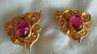 Stunning Vtg Authentic Christian Lacroix Made In France Earrings W/ Lg Pinkglass