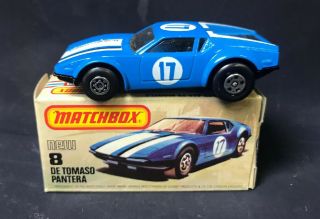 Matchbox De Tomaso Pantera Blue Car No.  8 W/ Box 1975 Lesney Hong Kong Nos