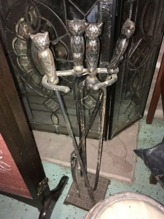 Vintage Mid - Century Brass Owl Fireplace Tool Set