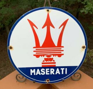 Vintage Maserati Sports Car Porcelain Sign Oil Gasoline Dealer Sign Italy