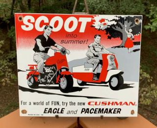 Old " Cushman Scooter " Porcelain Advertising Sign,  12 " X 10 ",  Dated 1958