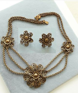 Vint Festoon Necklace/earring Filigree Layer Triple Chain Swag Victorian Revival