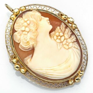 Antique 14k Yellow Gold Cameo Large Oval Brooch Pin Pendant 6.  9g 36.  0 X 28.  7 Mm