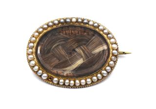 Antique Victorian Seed Pearl Halo Hair Mourning Brooch Pin 14k Yellow Gold C1853
