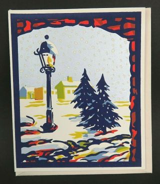Silk Screened Foil Mid Century Christmas Card " R " Snowy Lamp Post Scene,