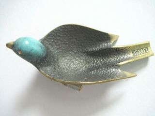 Vintage Colorful Abra Israel Hammered Brass Dove Ashtray / Pipe Rest Stand