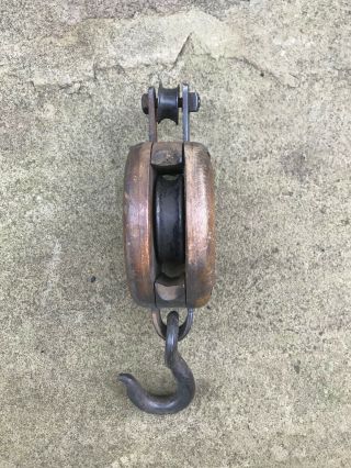 Vintage Wooden Block And Tackle Pulley With Anvil Logo