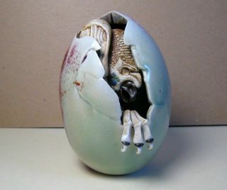 Fantastic 1993 Dragon Egg By Dennis Thompson,  Hand Made Ceramic - Emerging Baby
